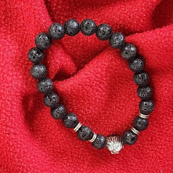 Leo Silver Plated Lion Head and Black Lava Stone Beaded Stretch Bracelet OSFM - Picture 7 of 16